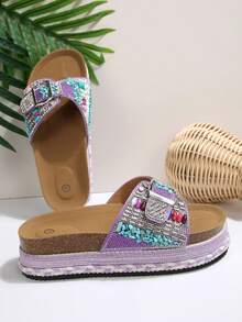 2026 Spring/Summer New Women's Sandals, Double Strap, Rhinestone Fashionable Thick-Soled Slippers, Random Floral Patterns, Essential For Vacation & Beach, Suitable For All-Day Wear - Purple - View 8