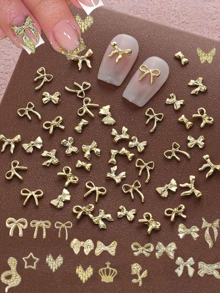 [50 Stück/100 Stück] Y2K Gold Schleife Nagel Schmuck, Gold Metall Schleife Nail Art Dekorationen, Luxus Nagel Accessoires, DIY Nagel Dekoration, geeignet für Frauen und Mädchen Nägel - Gold - Übersicht 1