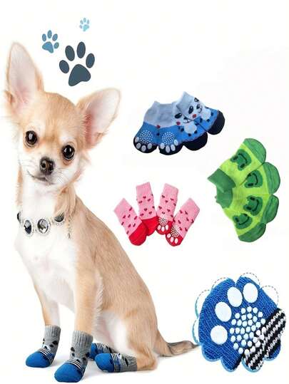 4pcs/Set Winter Warm Anti-Slip Dog Socks, Suitable For Small And Medium Dogs, Soft & Breathable, Fit For Chihuahua, Teddy Puppy, Under 4kg