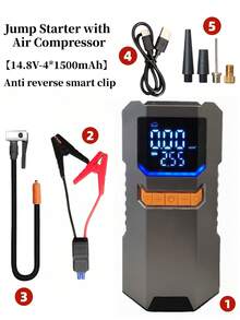 Démarreur de voiture portable avec compresseur d'air, batterie de démarrage, 5000A de crête avec gonfleur de pneus 150 PSI, bloc d'alimentation de batterie de voiture 12V, démarreur de voiture portable, fonction 5 en 1 de démarrage, chargeur de batterie - Multicolore - Voir 12