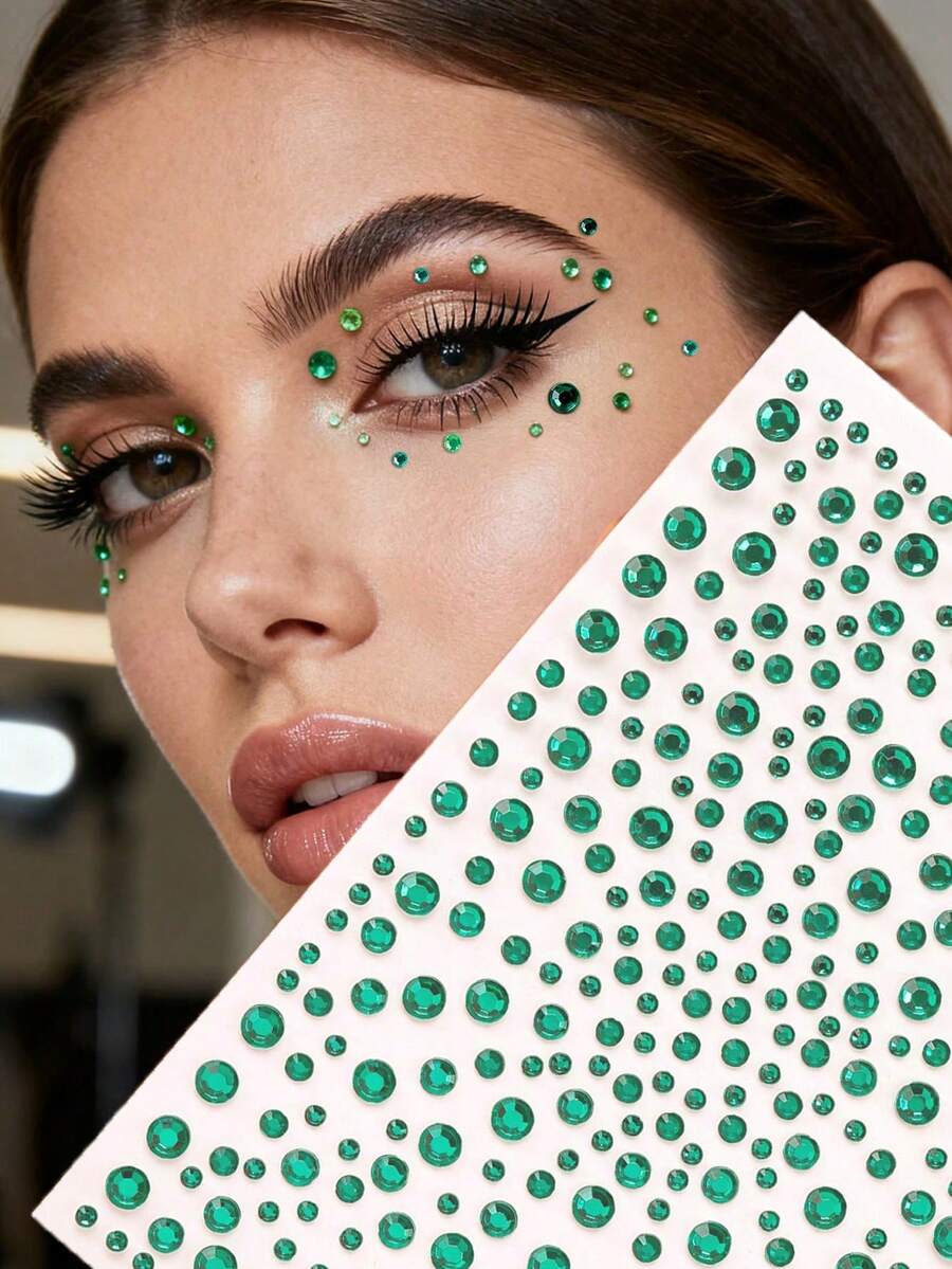2pcs Gold Face Glitter Stickers, Shiny 3D Gem Stickers, Rave Accessories, Makeup Rhinestone Stickers, Y2K Style, Music Festival DIY Eye & Face Jewels - Green - View 1