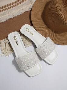 Luxury Sparkling Pearl & Rhinestone Decor White Ladies Slip-On Sandals, 2026 New Arrivals, Large Sizes, Square Toe, Open Toe, Flat, Suitable For Outdoor, Beach, School, Casual, Mothers - White - View 7