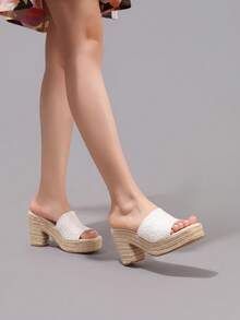 麻绳坡跟凉鞋，露趾绑带，夏季度假休闲高跟防水一脚蹬拖鞋，日常时尚女鞋 - 白色 - 查看 10