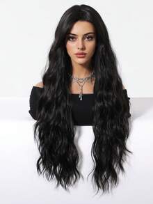 【1顶卷曲波浪高温丝假发】1顶优雅卷曲波浪高温丝假发，女士款，150%密度玫瑰网帽，时尚哑光质感，角色扮演风格，无蕾丝全头假发 - 黑色 - 查看 2