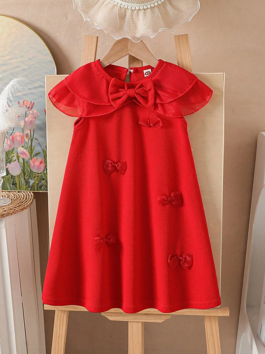 Young Girl' Fashion Casual Cute Mesh Double-Layer Collar Bow Sleeveless Dress - Red - View 1