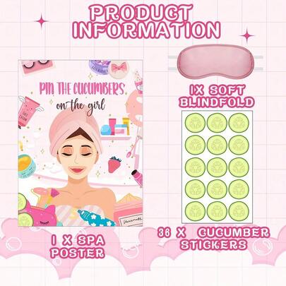 Spa Party Game Kit - 38pcs Set With Pin The Cucumbers Poster, Blindfolds & Stickers - Perfect For Makeup Parties & Spa Themed Events
