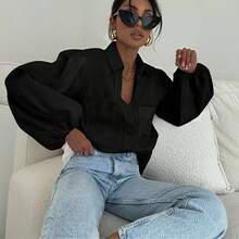 优雅女士长袖白色薄纱雪纺复古时尚休闲衬衫/上衣，适合春夏、节日/情人节穿着，黑色 - 黑色 - 查看 6