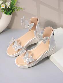 女童凉鞋，新款春夏高跟坡跟鞋，大童水钻蝴蝶公主露趾露后跟时尚户外透明幼儿凉鞋 - 米色 - 查看 5