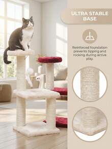 1pc Three-Tier Cat Climbing Frame Linen Braided Columns Felt Base Cat Claw Grinding Toy Cats Climb Treehouses Frame Interactive Cat Scratching Post With Hanging Mouse Hard-Wearing Cat Supplies
