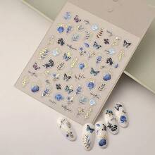5D Embossed Nail Art Stickers Decals Se--Adhesive Blue Rose Nail Stickers For Spring Nail Art With Butterfly Little Leaf Design Acrylic Nail Supplies For Women Manicure Decorations - 風格9 - 查看 4