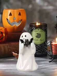 Halloween Ghost Figurine With Pink Pumpkin & Black Bat - Cute Resin Statue For Shelf, Desk, Porch, Home & Garden Decor - màu đen - Xem 5