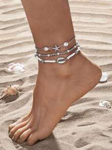 3pcs/Set Summer Beach Style Metal Starfish & Shell Beaded Glass Bracelet Set For Women - 彩色 - 查看 11