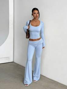 1 set Camiseta de corte ajustado con cuello cuadrado y pantalón de largo completo para mujer, conjunto de primavera - Azul - Ver 5