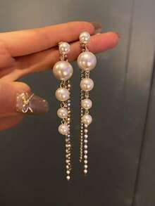 Pearl Long Tassel Earrings With Rhinestones, Luxury Earrings - Pearl - View 1