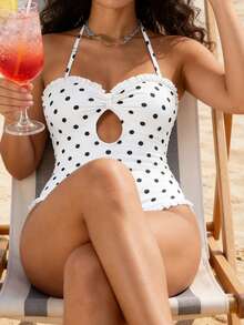 Women's Halter Neck Monokini Swimsuits Fashionable Dot Print Sleeveless Ruffle Bathing Suit - 白色 - 查看 3