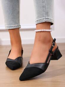 1 par de sandalias de tacón alto para adolescentes con hebilla, abertura poco profunda, punta puntiaguda, versátil resistente a manchas con patchwork negro, adecuado para fiestas, reuniones, compras, los tacones altos de punta puntiaguda corren pequeño, por favor compre 0.3-1cm talla grande pequeño según la longitud del pie - Negro - Ver 6