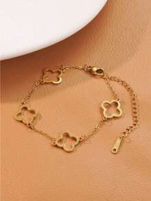 2pcs/Set Minimalist Stainless Steel Hollow Four-Leaf Clover Bracelet & Bangle, Versatile For Women To Wear At Parties, Daily Fashion, Commuting Or As Holiday Gifts - Yellow Gold - View 4