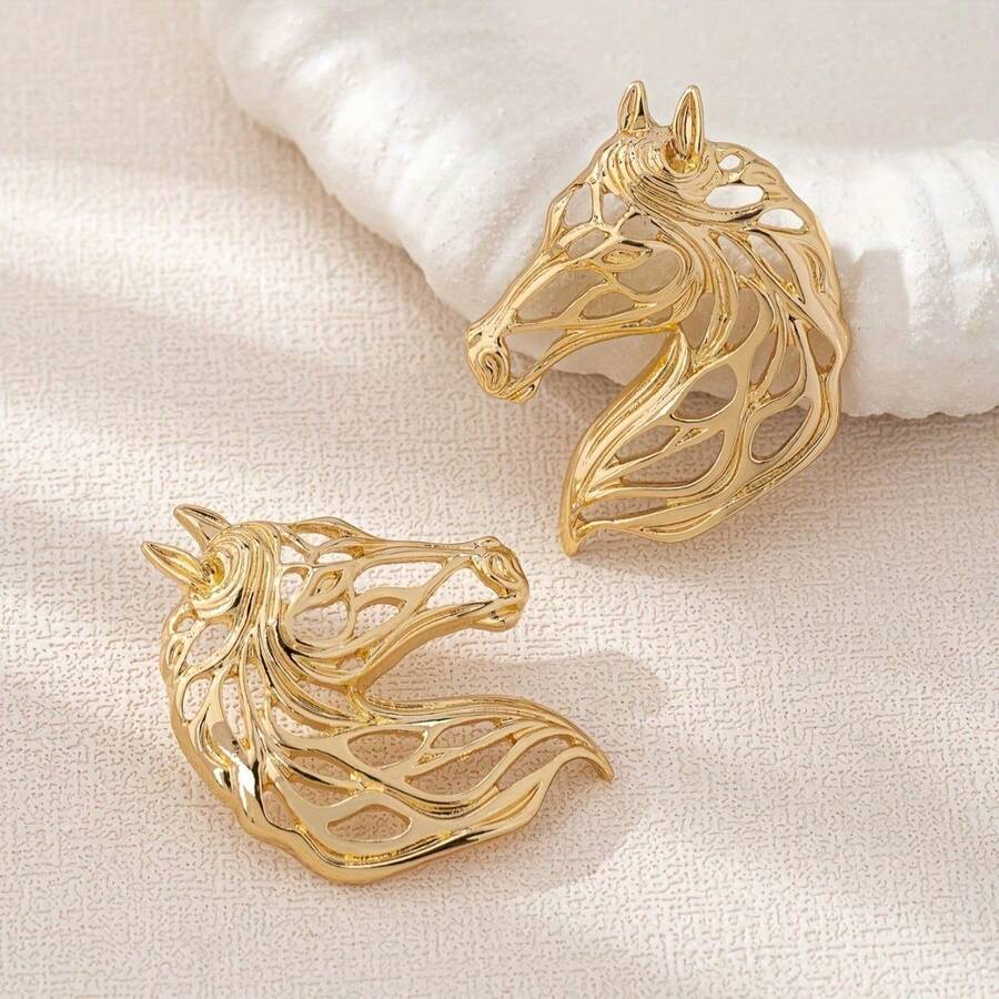 A Pair Of Fashionable And Niche European And American Design Horse Hollowed-Out Personalized Women's Earrings - Vàng - Xem 1
