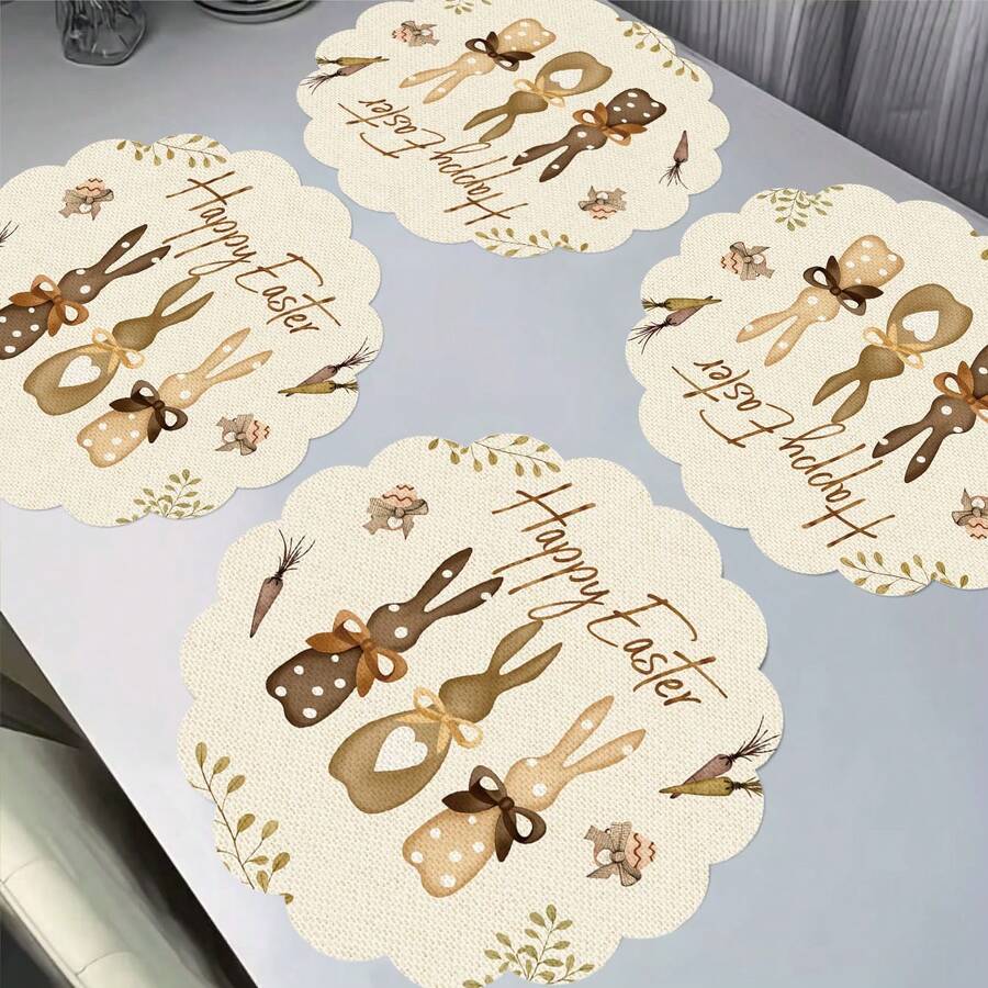 2/4/6/8件装长方形复古复活节三兔蝴蝶结餐垫，春季复活节餐垫，复古餐桌装饰，胡萝卜鸡蛋蝴蝶结叶子复活节季节性节日餐垫，适用于厨房餐厅