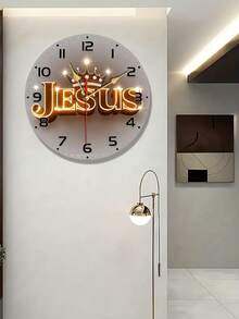 2D Plano, Relógio de Parede Silencioso de 10"/12" com Coroa Dourada e Design "Jesus" - Relógio Redondo de Madeira Sem Moldura, Operado a Pilha (Pilha AA Não Incluída) - Ideal para Sala de Estar, Quarto, Cozinha, Decoração Doméstica e de Escritório - Presente Religioso Estético, 2D Plano - Multicolorido - Visão 2