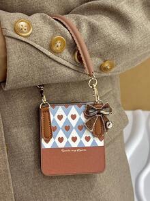 1个时尚简约的棕色心形网格元素皮革折叠手机壳，搭配蝴蝶结挂绳，可保护手机并防止跌落：适用于三星 Galaxy Zflip 3/Zflip 4/Zflip 5/Zflip 6/Zflip 7/ Razr 50 Ultra/ Razr 60 Ultra/ Razr 60/ Razr 50/Galaxy Z Flip7 FE - 棕色 - 查看 1