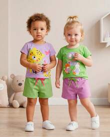 Kit Sortido 8 Peças de Roupas Infantil Bebê Menina (4 Camisetas + 4 Shorts) Kit 4 Conjuntos Bebê - Multicolorido - Visão 6