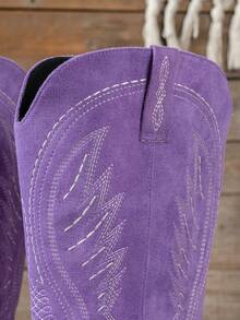 Women's Fashion Embroidered Solid Color Versatile Wedge Heel Side Zipper Wing Tall Boots, - Purple - View 6