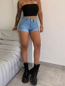 女士水洗黑色牛仔迷你短裤，直筒裤型，前拉链设计，侧边口袋方便实用，休闲风格 - 藍色 - 查看 2