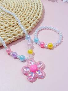 Bộ 2 chiếc/Bộ trang sức mặt dây chuyền hoa dễ thương cho bé gái & vòng tay hạt cườm, nhiều màu, màu ngẫu nhiên, thích hợp làm quà tặng tiệc tùng ngày lễ cho bé gái - Nhiều màu - Xem 8