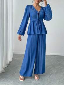 2pcs Women's Casual Elegant Commute Daily Solid V-Neck Tie Front Lantern Sleeve Top And Wide Leg Pants Set, Spring/Summer - Blue - View 3