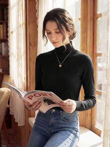 Knit Mix 优雅女士纯色高领长袖针织衫，适合秋冬季节，修身通勤风上衣，情人节理想之选，低调复古绅士休闲风，返校季秋季时尚，秋冬季圣诞节、感恩节、新年必备单品 - 黑色 - 查看 1