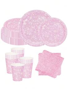 Juego de vajilla desechable de 10 piezas/20 piezas con estampado de brillo rosa, incluye platos, servilletas, vasos de papel rosa claro para fiesta de boda, cumpleaños, baby shower, evento, festival, fiesta de despedida de soltera - Rosa - Ver 1