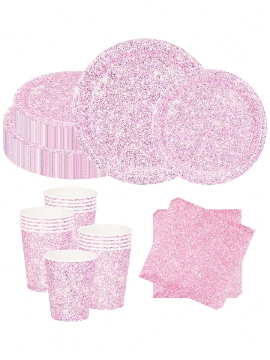 Juego de vajilla desechable de 10 piezas/20 piezas con estampado de brillo rosa, incluye platos, servilletas, vasos de papel rosa claro para fiesta de boda, cumpleaños, baby shower, evento, festival, fiesta de despedida de soltera - Rosa - Ver 1