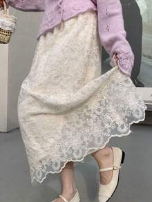 2023 Spring French Romantic Lace Jacquard Embroidered High Waist A-Line Long Skirt, Elegant And Slimming - Apricot - View 7