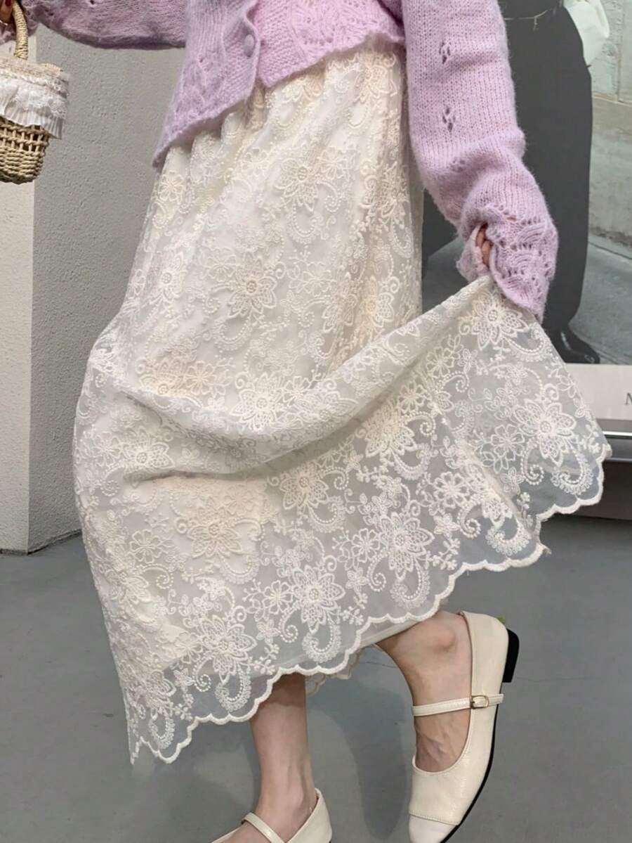 2023春季法式浪漫蕾丝提花刺绣高腰A字长裙，优雅显瘦