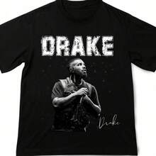 Music Theme Drake Performance Print Crew Neck T-Shirt Sweatshirt Casual Wear Tops Plus Size Clothes Business Casual Y2k Distressed Text Design Short Sleeve Modern Oversized Fit Suitable For Year Round Gentle Wash F - 黑色 - 查看 1