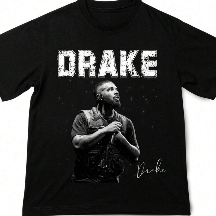 Music Theme Drake Performance Print Crew Neck T-Shirt Sweatshirt Casual Wear Tops Plus Size Clothes Business Casual Y2k Distressed Text Design Short Sleeve Modern Oversized Fit Suitable For Year Round Gentle Wash F - 黑色 - 查看 1