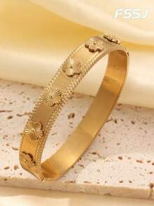 Znice 18K镀金不锈钢女士时尚手链，可叠戴单圈手链，3D五叶花手链，四叶花钉手链，四叶花高品质水晶手链，防水防褪色，适合日常佩戴、派对聚会等场合，是馈赠亲友、情人节、圣诞节的理想之选。 - 金色6 - 查看 9