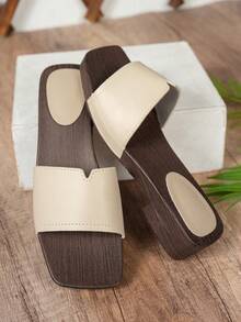 1 Pair Women's Thick Sole Slide Sandals, Summer Style, Brown & Beige, Platform Wedge, Open Toe, Faux Leather, Distressed Wood Grain Sole, Fashionable - Beige - View 2