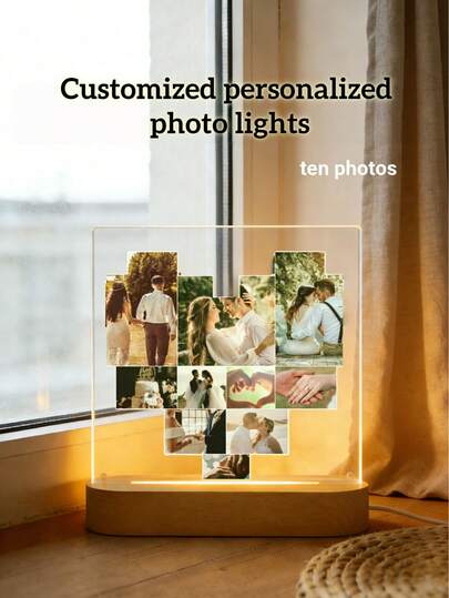 1pc Personalized 3D Photo Lamp, Acrylic Night Light With Minimalist Line Art Pattern Engraved Illusion Luminous Sign With Wooden Base, Anniversary, Valentine's Day, Birthday Gift, Decorative Plaque And Ornament