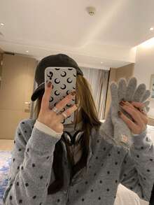 Women Polka Dot Random Print Button Front Cardigan Sweater, Casual Autumn/Winter Tops Vacation - Grey - View 6