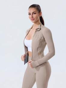 Women Slim Fit Sports BBL Jacket With Thumb Hole Stand Collar Zip Up - Taupetastic/Gold - 查看 6