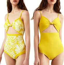 ¡RecomendadoWEIMEY Trajes de Baño Mujer Completo Bañadores Sexy con Control de Barriga Reversibles con Corbata Hombro Estampado Vintage para Playa Surf Nadar¡Top de Temporada - Amarillo - Ver 10