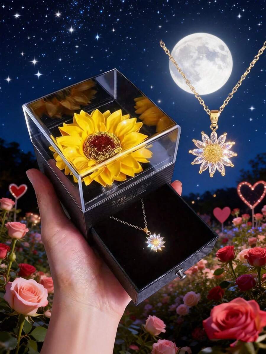 2件装向日葵项链礼盒，首饰盒，向日葵项链礼盒套装，情人节礼物，人造花，送给女朋友的礼物，表达爱意，母亲节，生日，婚礼
