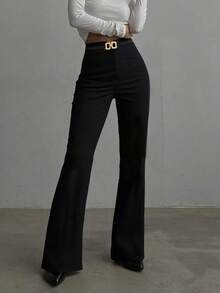 Women's Solid Black Casual Elegant Straight Leg Pants, Featuring Metal Decor At Waist, Black Trousers, Women's Casual Pants, Elegant Ladies' Long Pants, Suitable For Outings, Spring Vacation Outfits, Spring Clothing, Suitable For Daily Wear, Office Commute, Dates, Vacations, All Seasons (Spring/Summer/Autumn/Winter) - Black - View 4