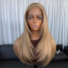 13x4 Kanekalon Futura Synthetic Lace Front Wig, Honey Golden Brown, 18 Inch Medium Length Wavy Bangs, No Glue Needed, Kanekalon Material, Durable Synthetic Wig, Middle Part, 150% Density, Ready To Wear, Suitable For Daily, Party, Holiday, Beginner Friendly, Transparent Lace Wig - Camel - View 3