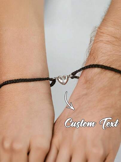 2pcs Customized Letter Couple Bracelets, Adjustable Black & White Stainless Steel Heart-Shaped Magnetic Couple Gift, Anniversary, Valentine's Day Gift, Gold, Black, Fashion, Colorful, Retro, Minimalist, Unisex, Casual, Cute, Customized, Personalized, Unique, Ideal Gift For Him, Ideal Gift For Her, Boyfriend, Girlfriend