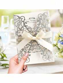 4件套烫金蝴蝶结婚礼邀请函，优雅激光切割DIY信封和卡片，镂空玫瑰设计，适用于婚礼、周年纪念、新娘送礼会、订婚派对、宴会及其他场合。 - 彩色 - 查看 11