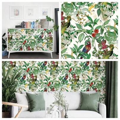 1 Roll Vintage Watercolor Tropical Jungle Parrot Floral Peel And Stick Wallpaper, Waterproof Removable, Suitable For Living Room, Bedroom, Entryway Wall Decor, Vinyl Material, Thick And Durable, Waterproof And Moisture-Proof, Easy To Install And Remove, Kitchen Backsplash, Size: 17.7" X 39.3" / 118.1" / 196.8"