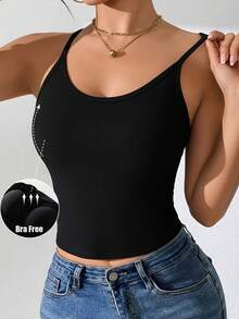 1pc Women Casual Comfortable Minimalist Camisole With Padded Bust, Slim Fit Ribbed Sleeveless Vest, Thin Backless Undershirt - Black - View 1